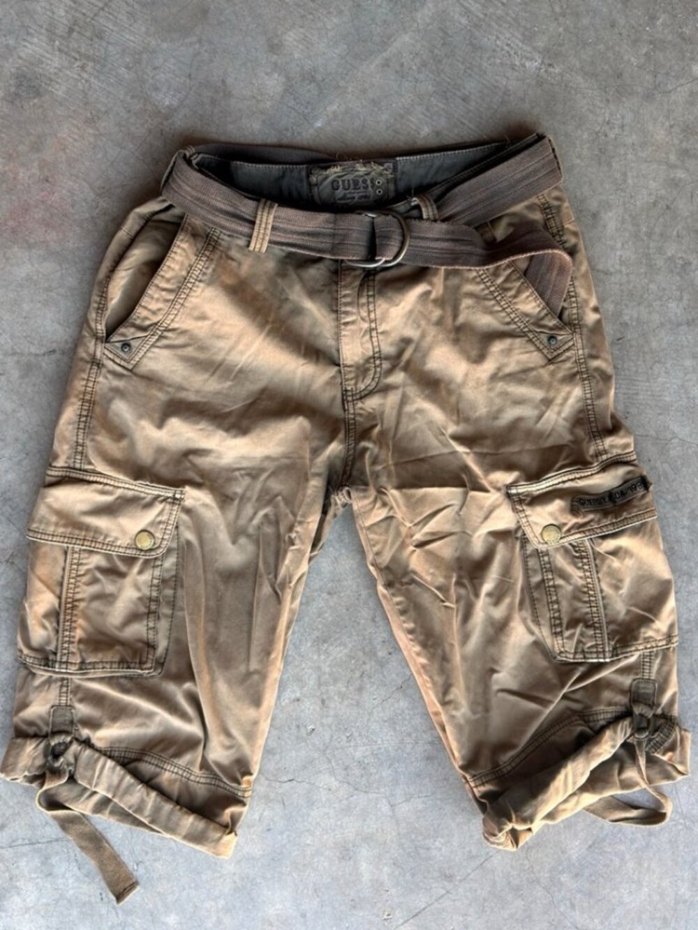 Guess Cargo Shorts Mens 31 Khaki Belted Long Below Knee Utility Snap Pockets